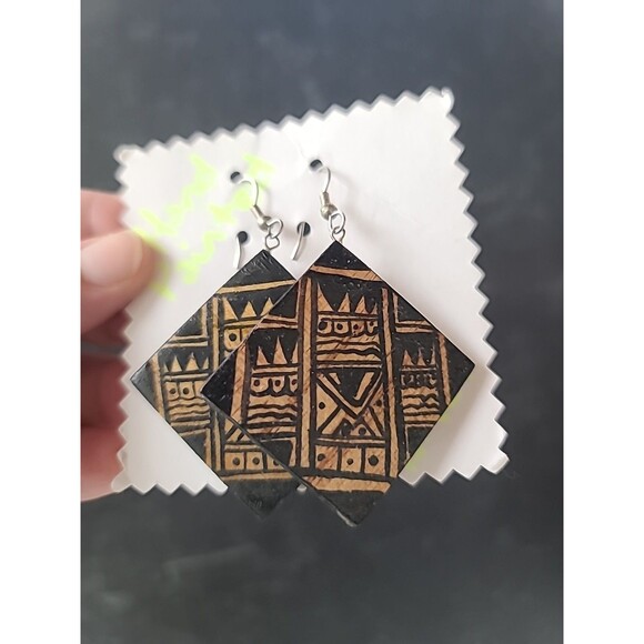 Handpainted Bohemian Wooden Square Shaped Dangling Earrings Vintage NOS - Picture 3 of 10